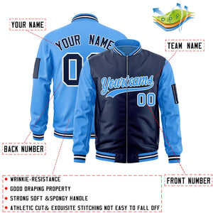 Custom Navy Powder Blue Varsity Full-Zip Two-Tone Letterman Bomber Jacket