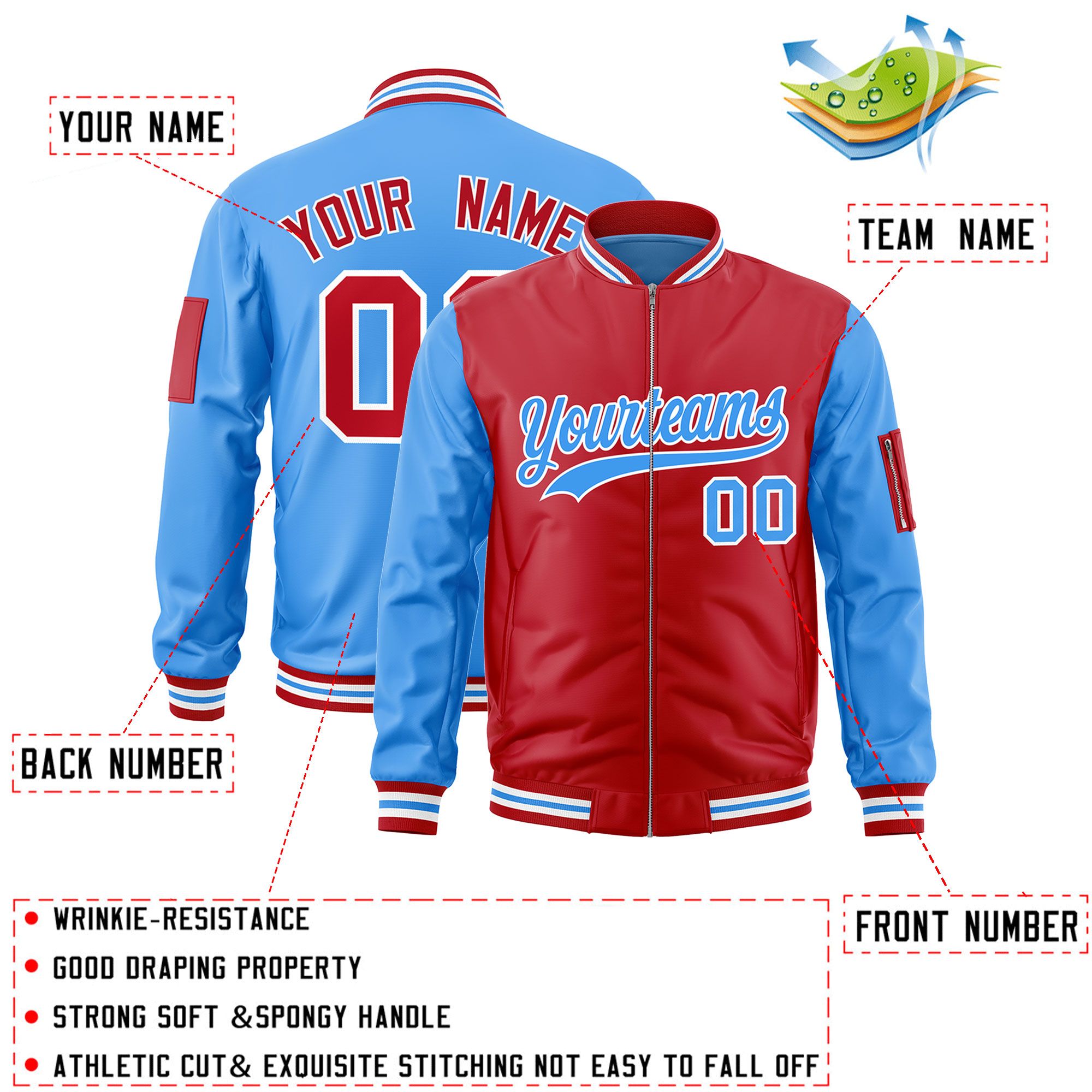 Custom Red Powder Blue Varsity Full-Zip Two-Tone Letterman Bomber Jacket