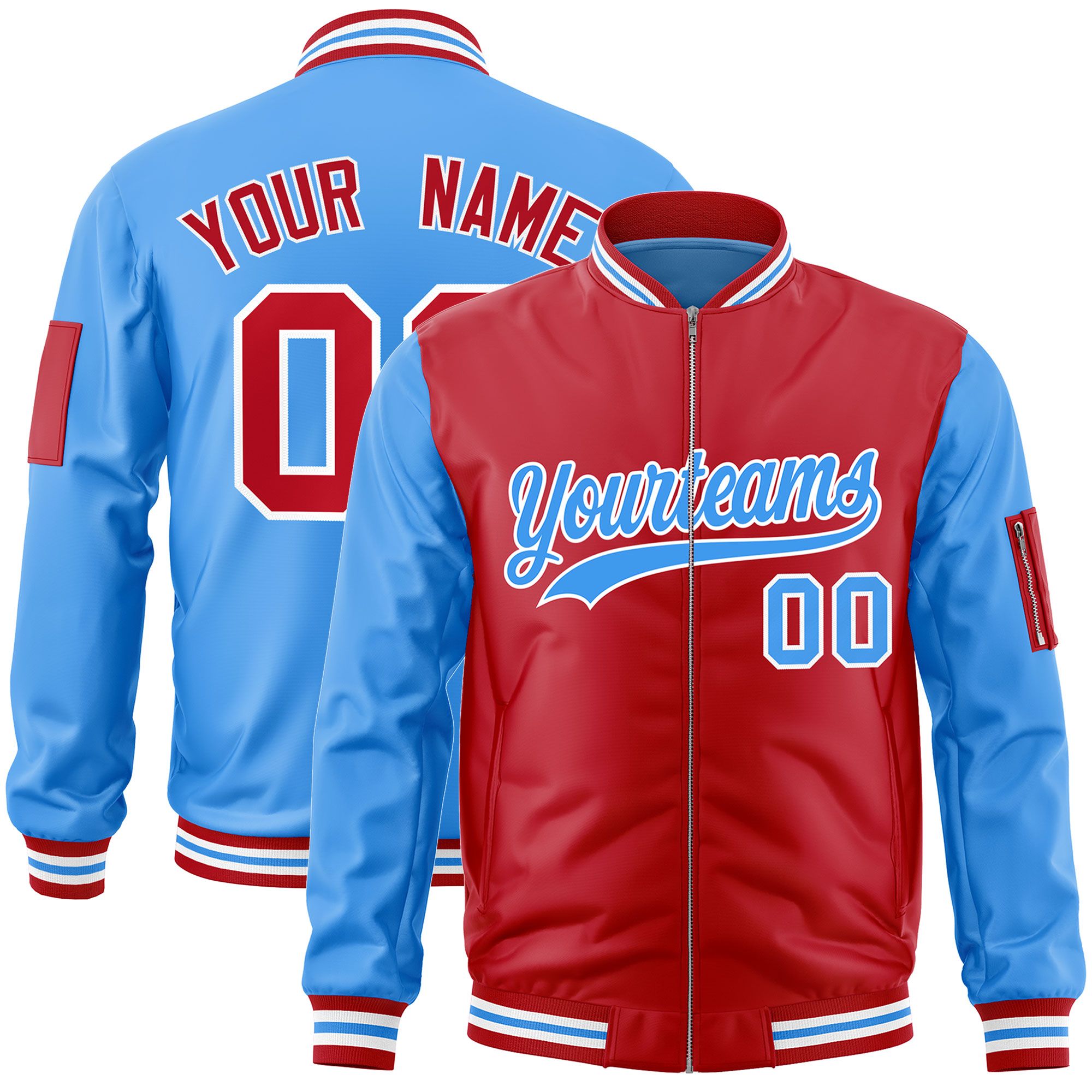 Custom Red Powder Blue Varsity Full-Zip Two-Tone Letterman Bomber Jacket