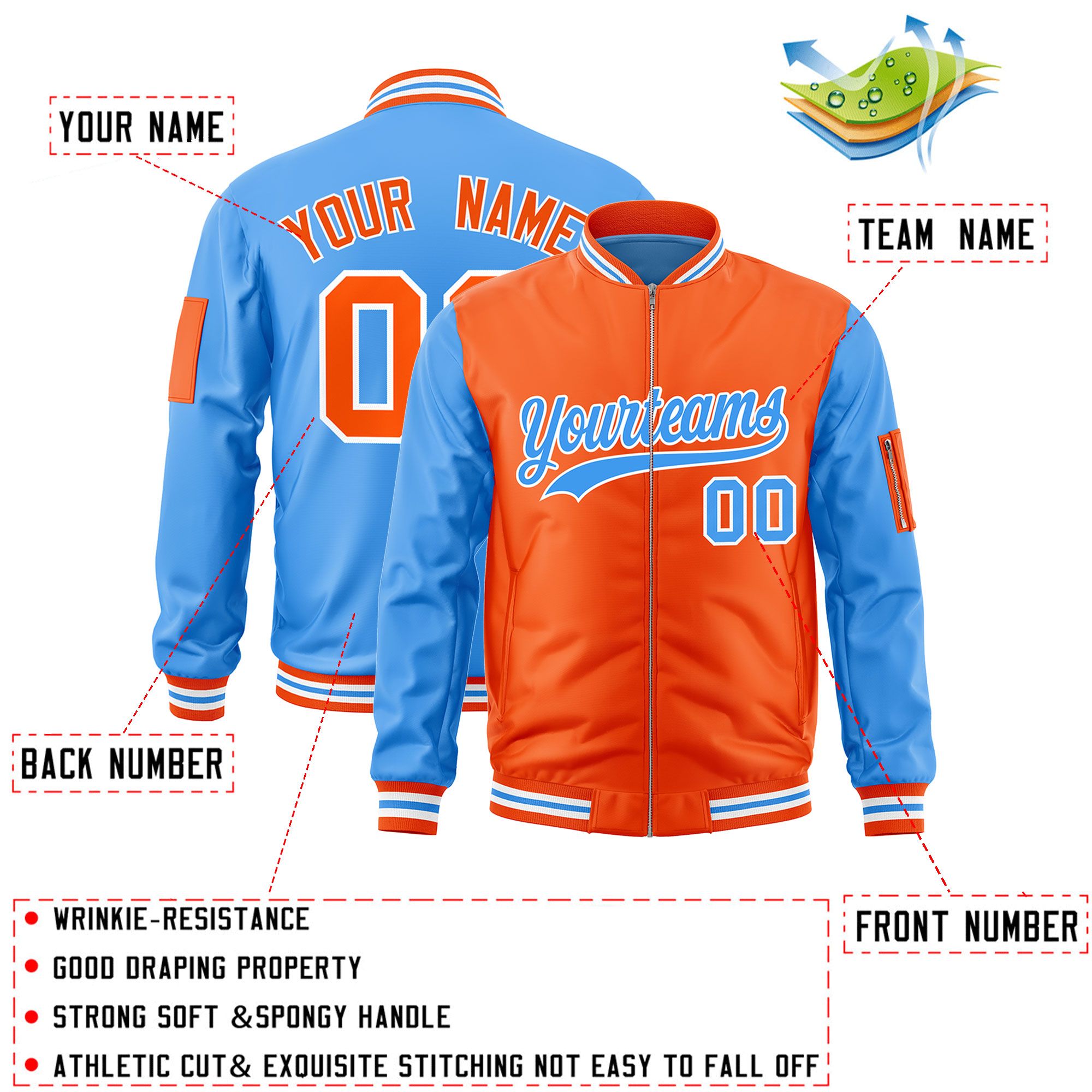 Custom Orange Powder Blue Varsity Full-Zip Two-Tone Letterman Bomber Jacket