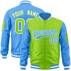 Custom Neon Green Powder Blue Varsity Full-Zip Two-Tone Letterman Bomber Jacket