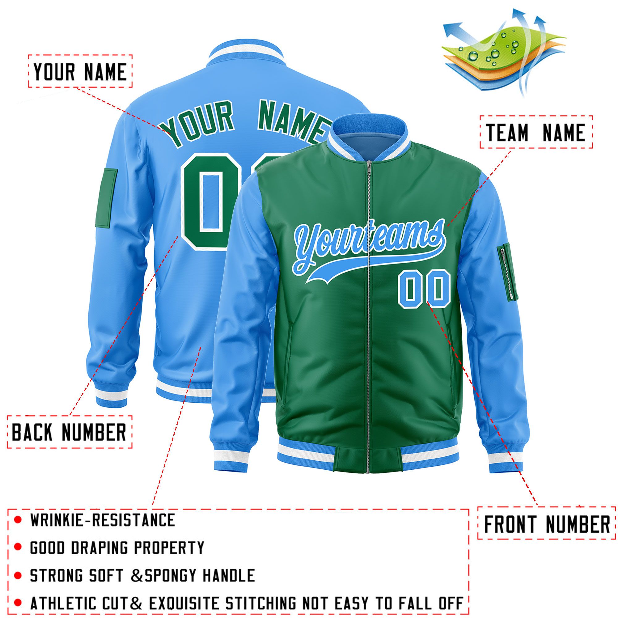 Custom Kelly Green Powder Blue Varsity Full-Zip Two-Tone Letterman Bomber Jacket