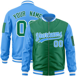 Custom Kelly Green Powder Blue Varsity Full-Zip Two-Tone Letterman Bomber Jacket