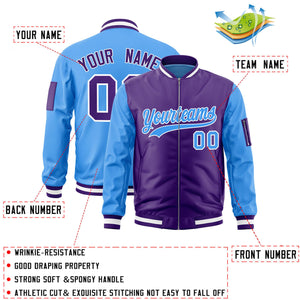 Custom Purple Powder Blue Varsity Full-Zip Two-Tone Letterman Bomber Jacket