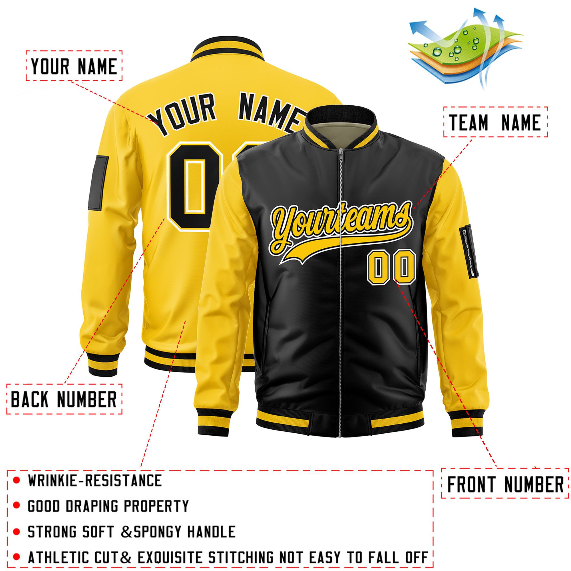 Custom Black Gold Varsity Full-Zip Two-Tone Letterman Bomber Jacket