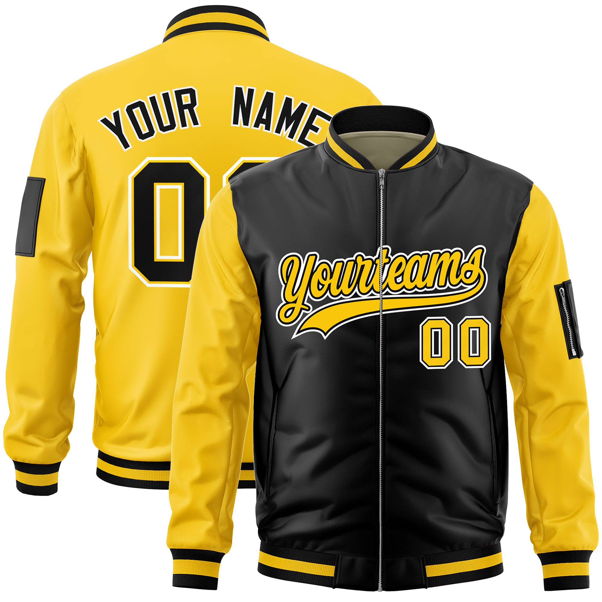 Custom Black Gold Varsity Full-Zip Two-Tone Letterman Bomber Jacket