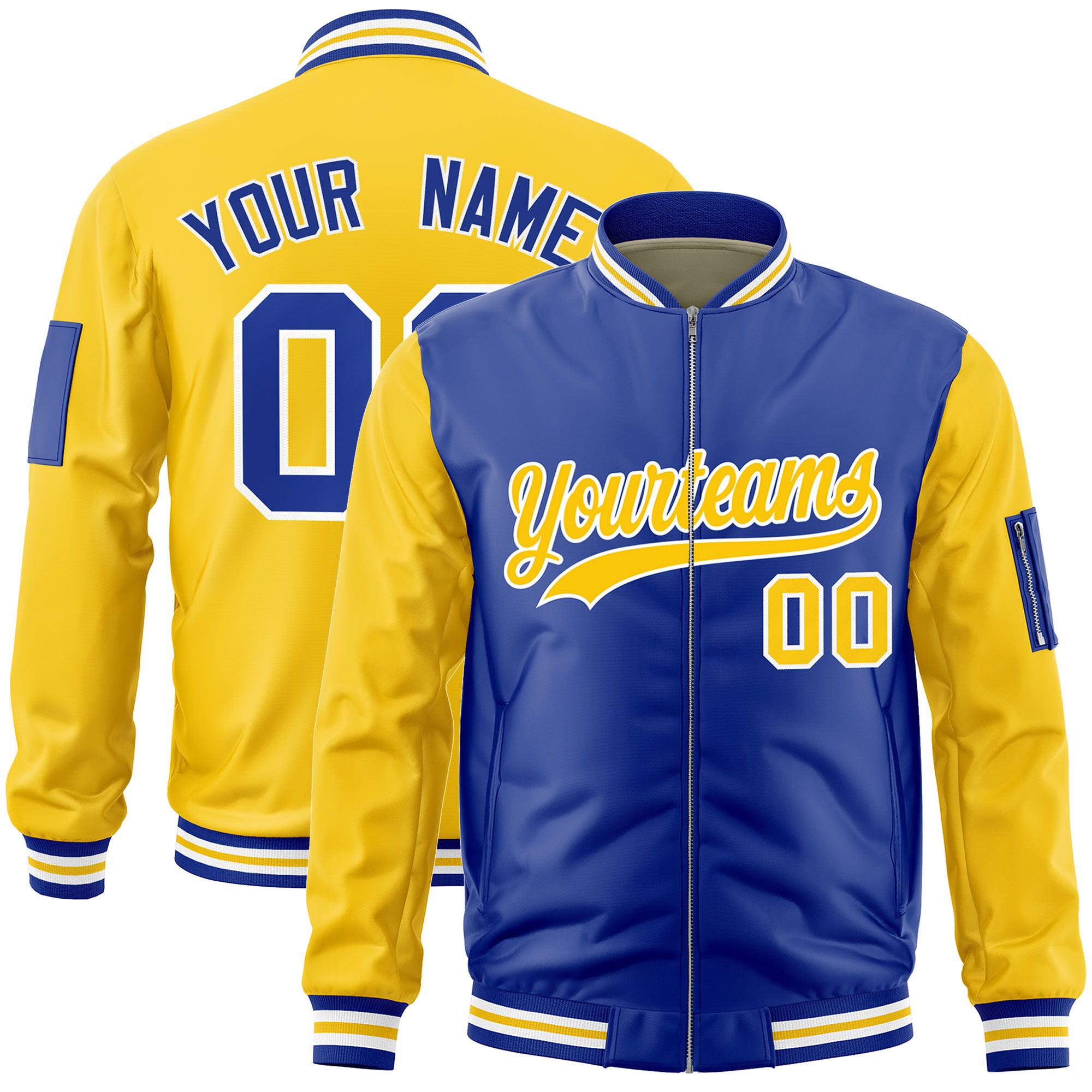 Custom Royal Gold Varsity Full-Zip Two-Tone Letterman Bomber Jacket