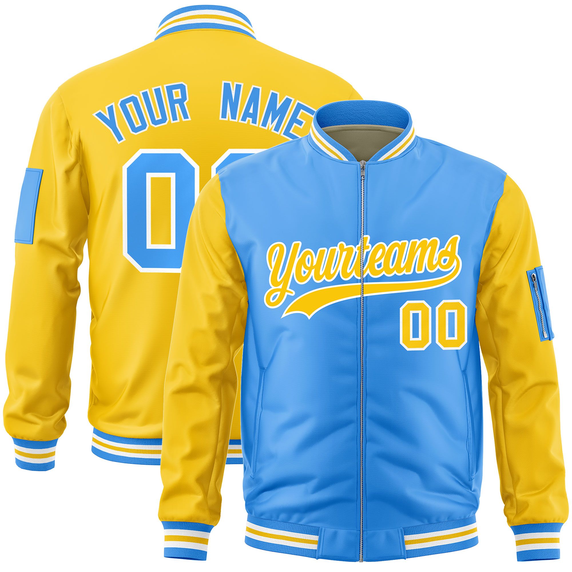 Custom Powder Blue Gold Varsity Full-Zip Two-Tone Letterman Bomber Jacket