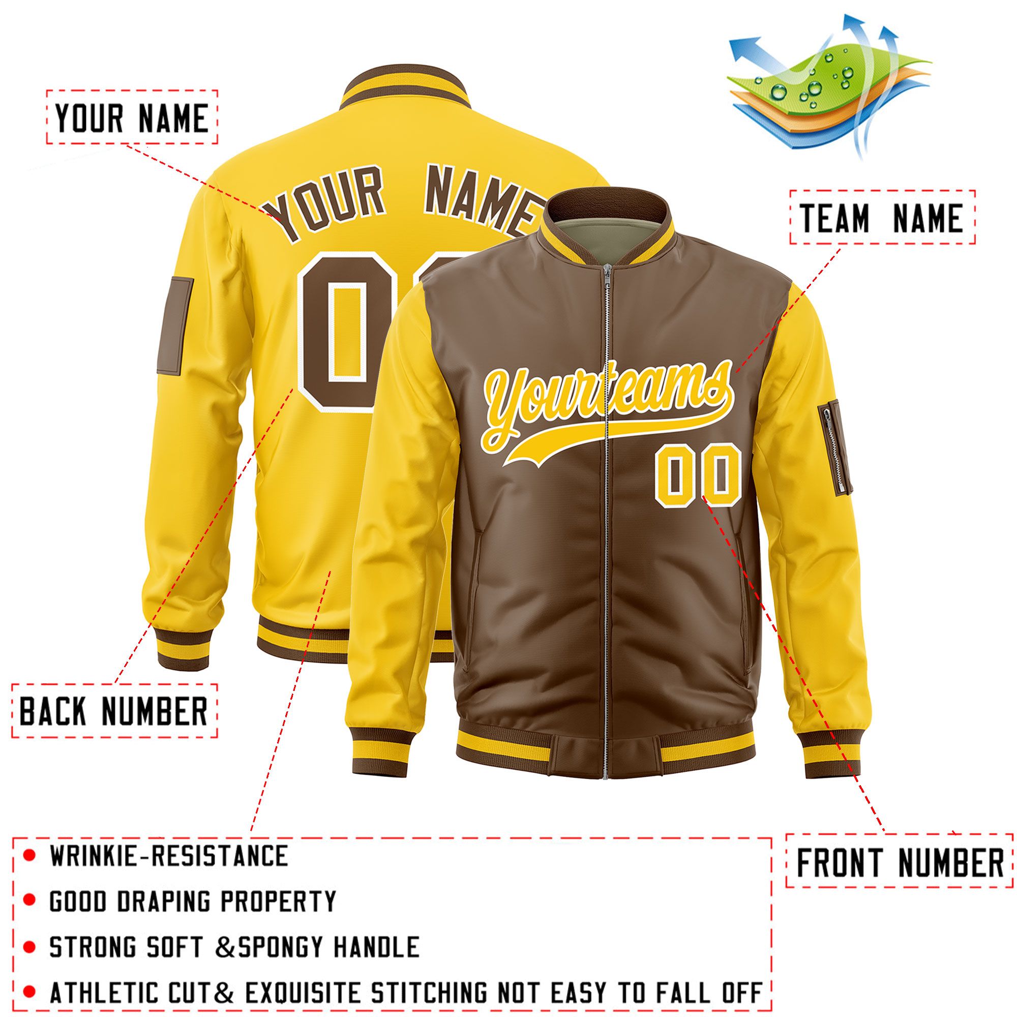 Custom Light Brown Gold Varsity Full-Zip Two-Tone Letterman Bomber Jacket