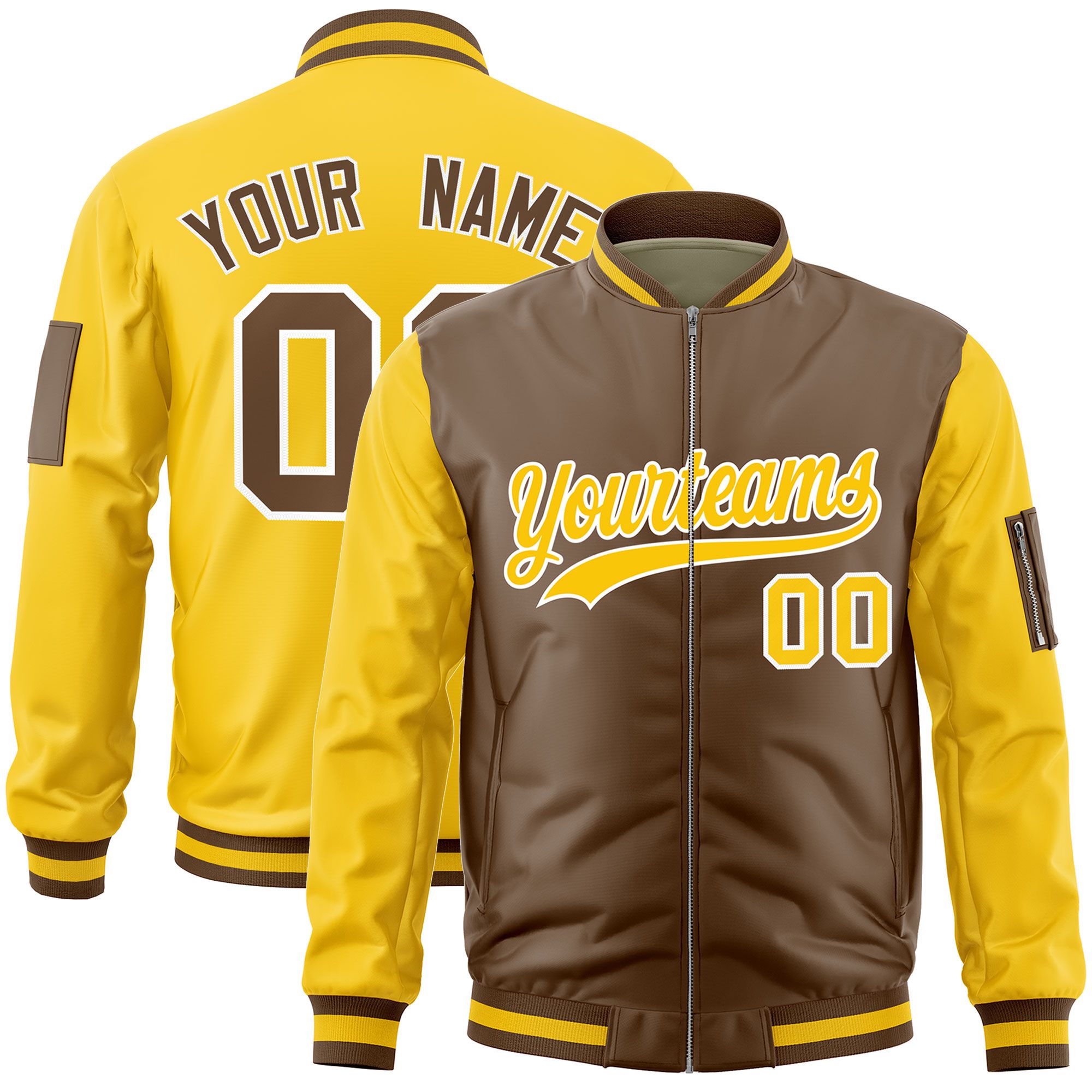 Custom Light Brown Gold Varsity Full-Zip Two-Tone Letterman Bomber Jacket