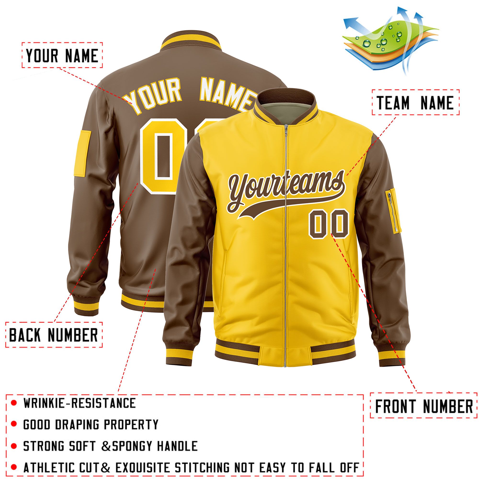 Custom Gold Light Brown Varsity Full-Zip Two-Tone Letterman Bomber Jacket