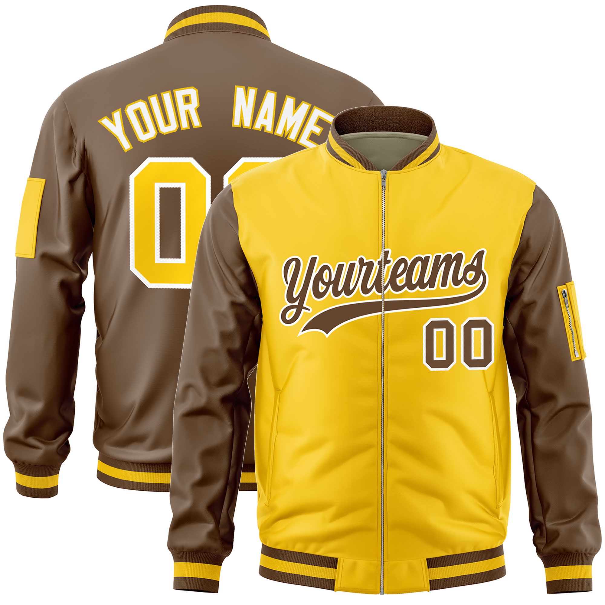 Custom Gold Light Brown Varsity Full-Zip Two-Tone Letterman Bomber Jacket