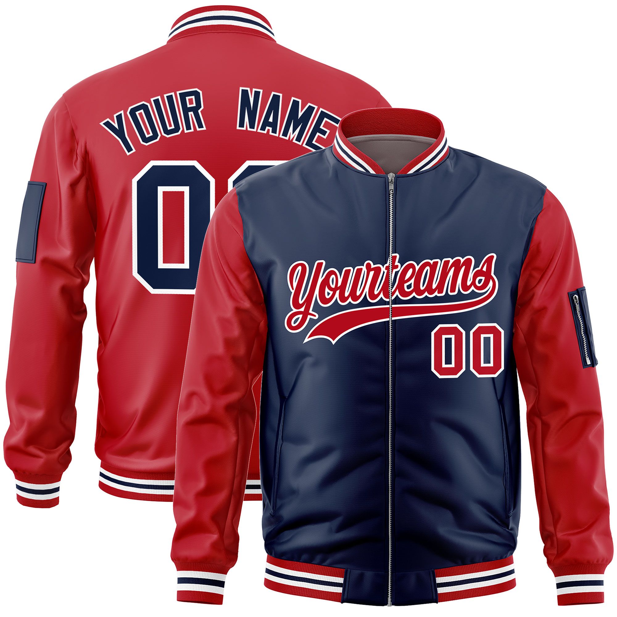 Custom Navy Red Varsity Full-Zip Two-Tone Letterman Bomber Jacket