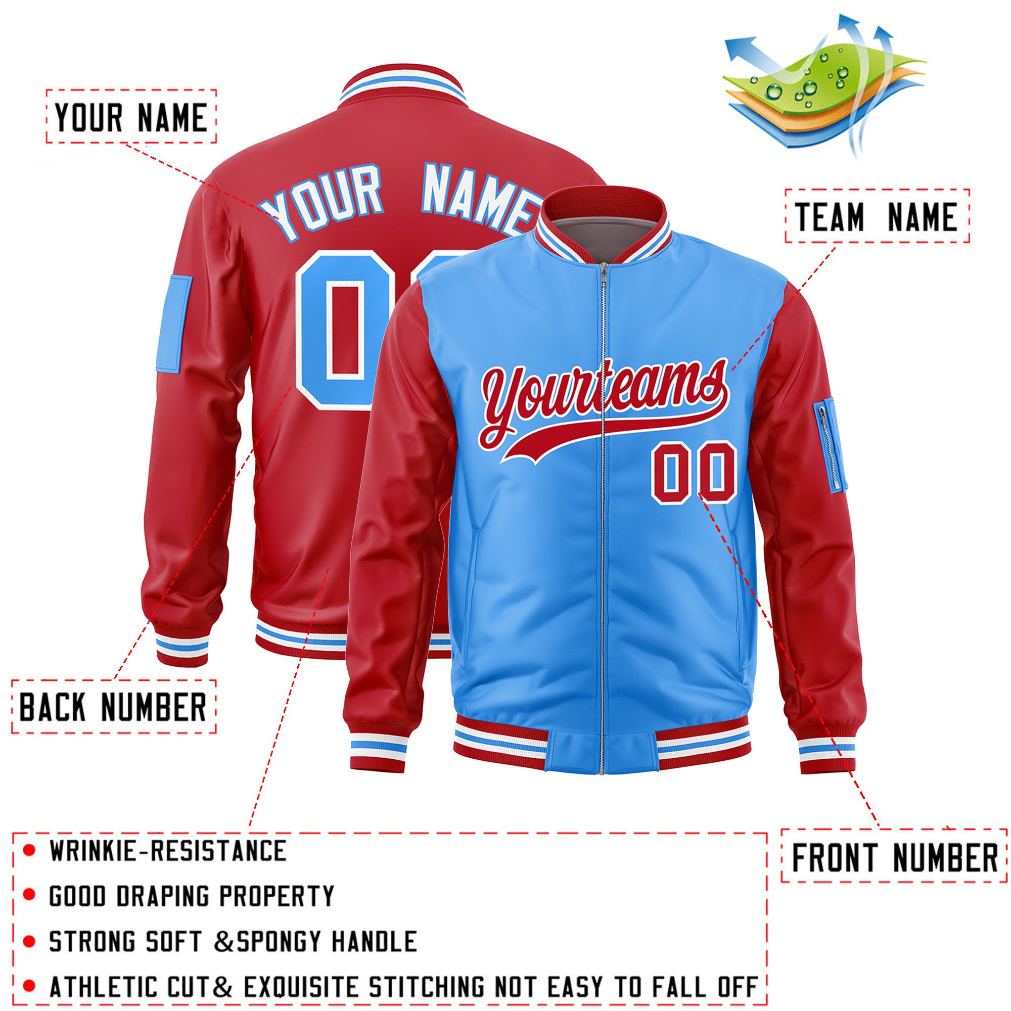 Custom Powder Blue Red Varsity Full-Zip Two-Tone Letterman Bomber Jacket