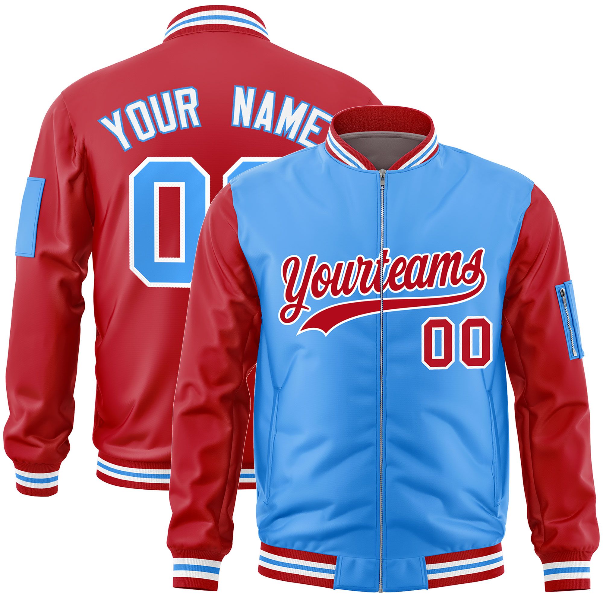 Custom Powder Blue Red Varsity Full-Zip Two-Tone Letterman Bomber Jacket