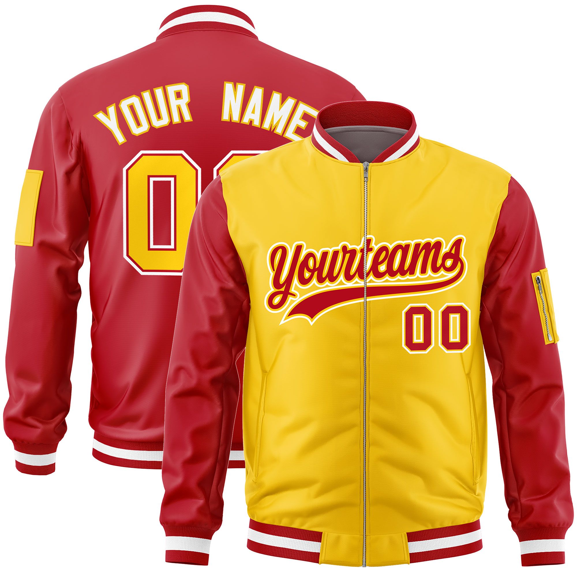 Custom Gold Red Varsity Full-Zip Two-Tone Letterman Bomber Jacket