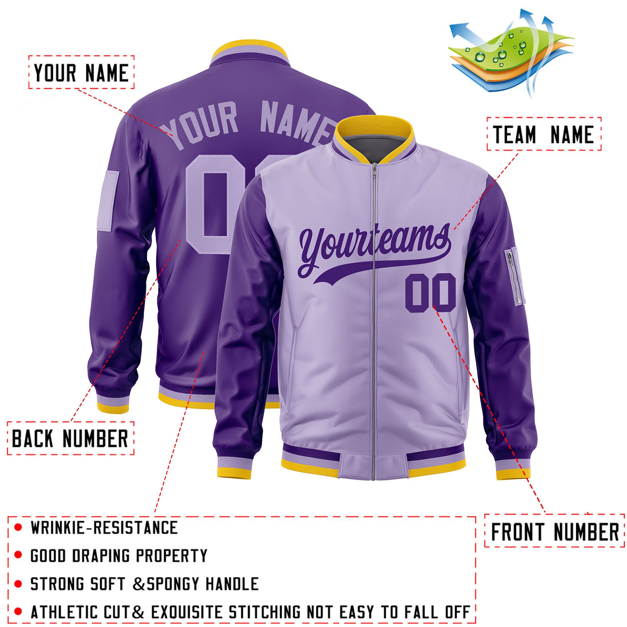 Custom Light Purple Purple Varsity Full-Zip Two-Tone Letterman Bomber Jacket