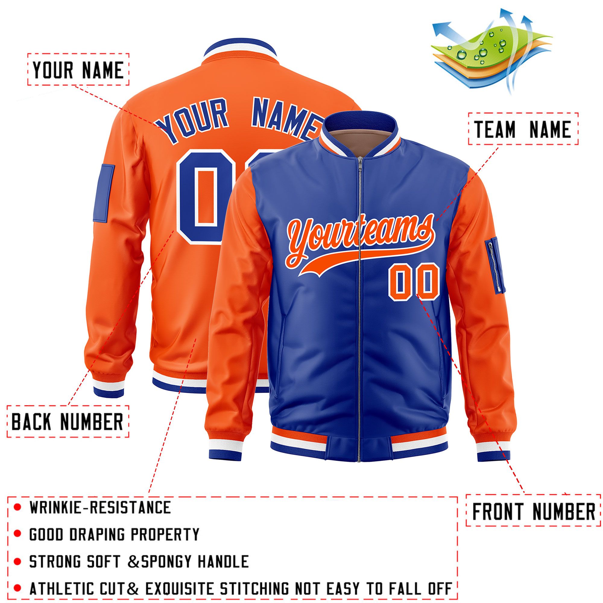 Custom Royal Orange Varsity Full-Zip Two-Tone Letterman Bomber Jacket