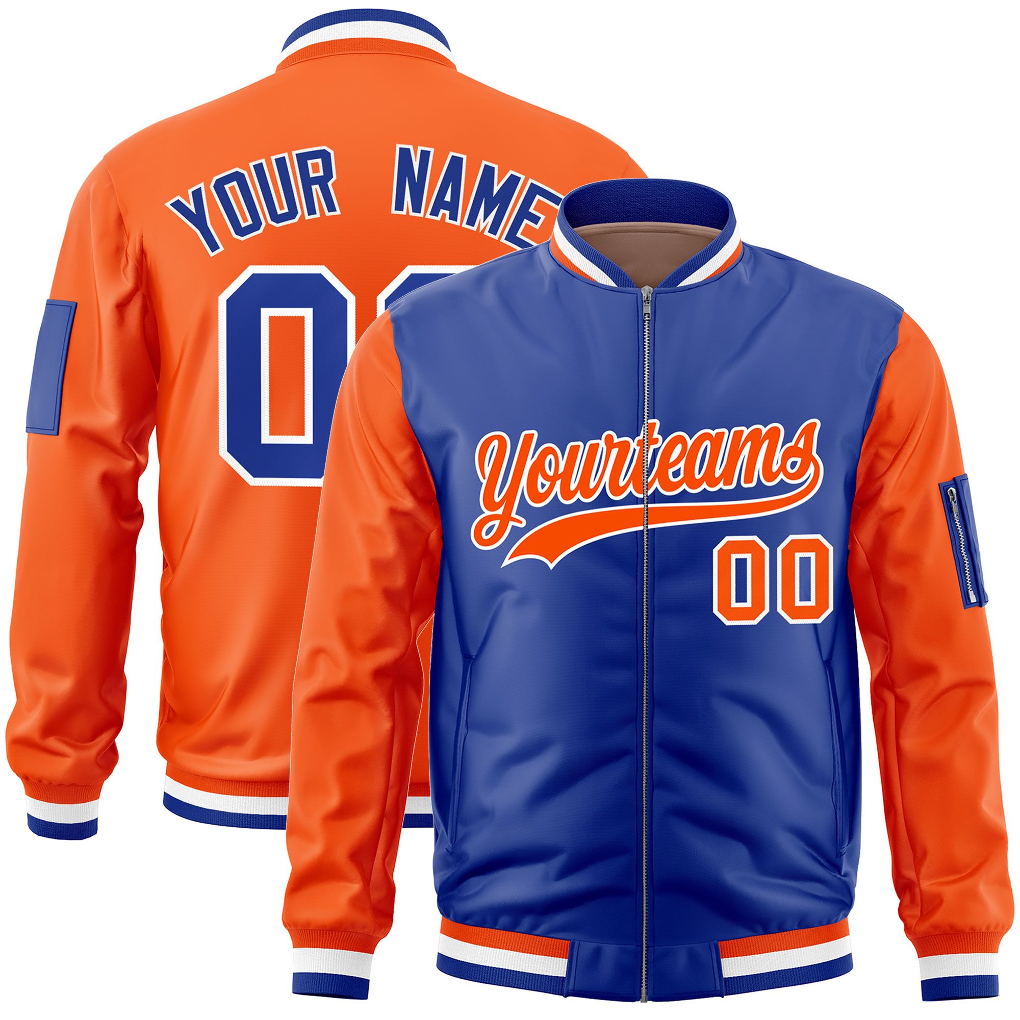 Custom Royal Orange Varsity Full-Zip Two-Tone Letterman Bomber Jacket