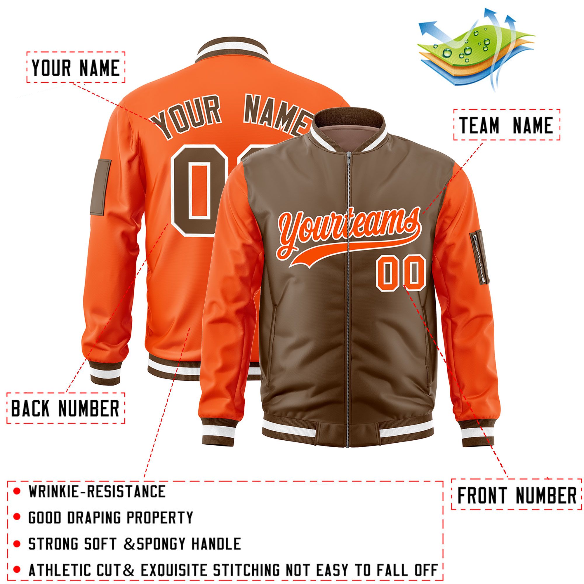 Custom Light Brown Orange Varsity Full-Zip Two-Tone Letterman Bomber Jacket