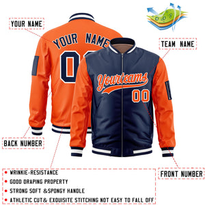 Custom Navy Orange Varsity Full-Zip Two-Tone Letterman Bomber Jacket