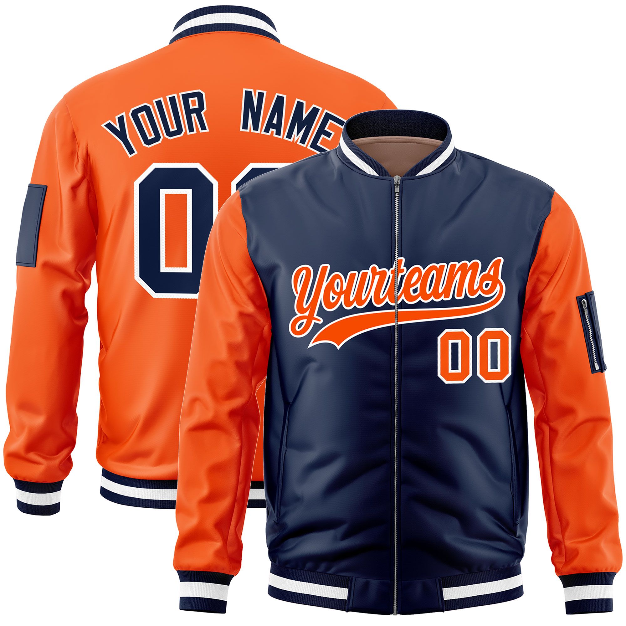 Custom Navy Orange Varsity Full-Zip Two-Tone Letterman Bomber Jacket