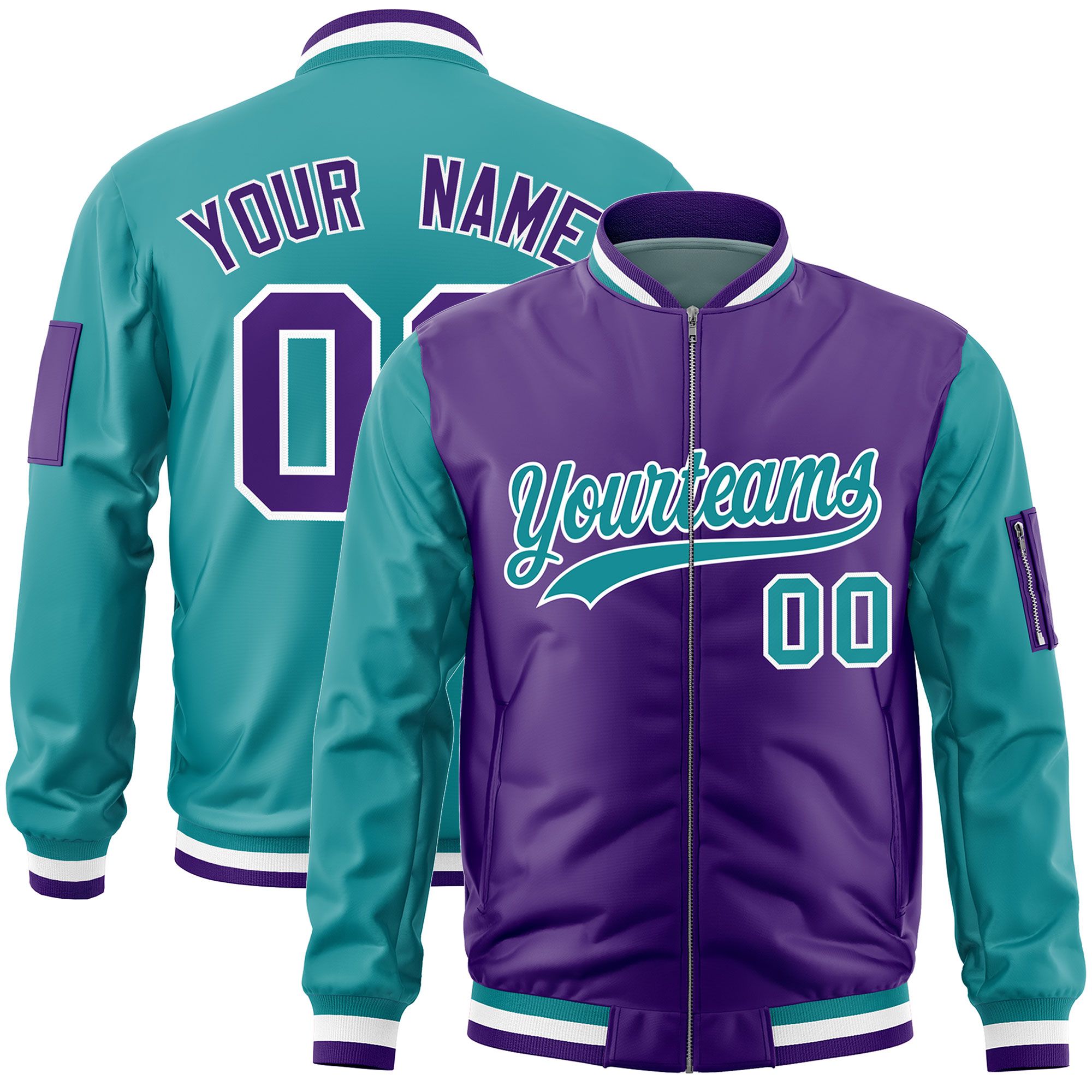 Custom Purple Aqua Varsity Full-Zip Two-Tone Letterman Bomber Jacket