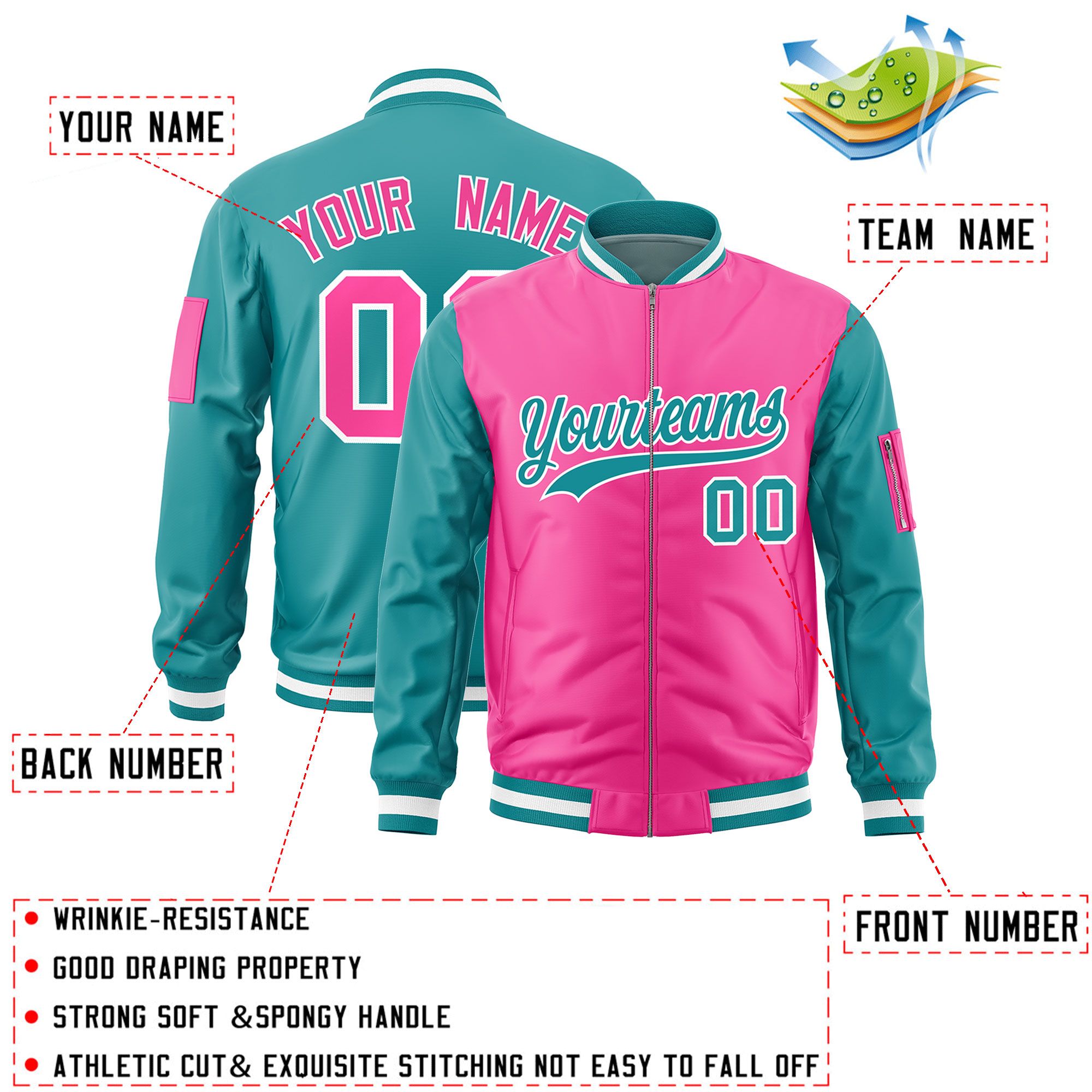 Custom Pink Aqua Varsity Full-Zip Two-Tone Letterman Bomber Jacket