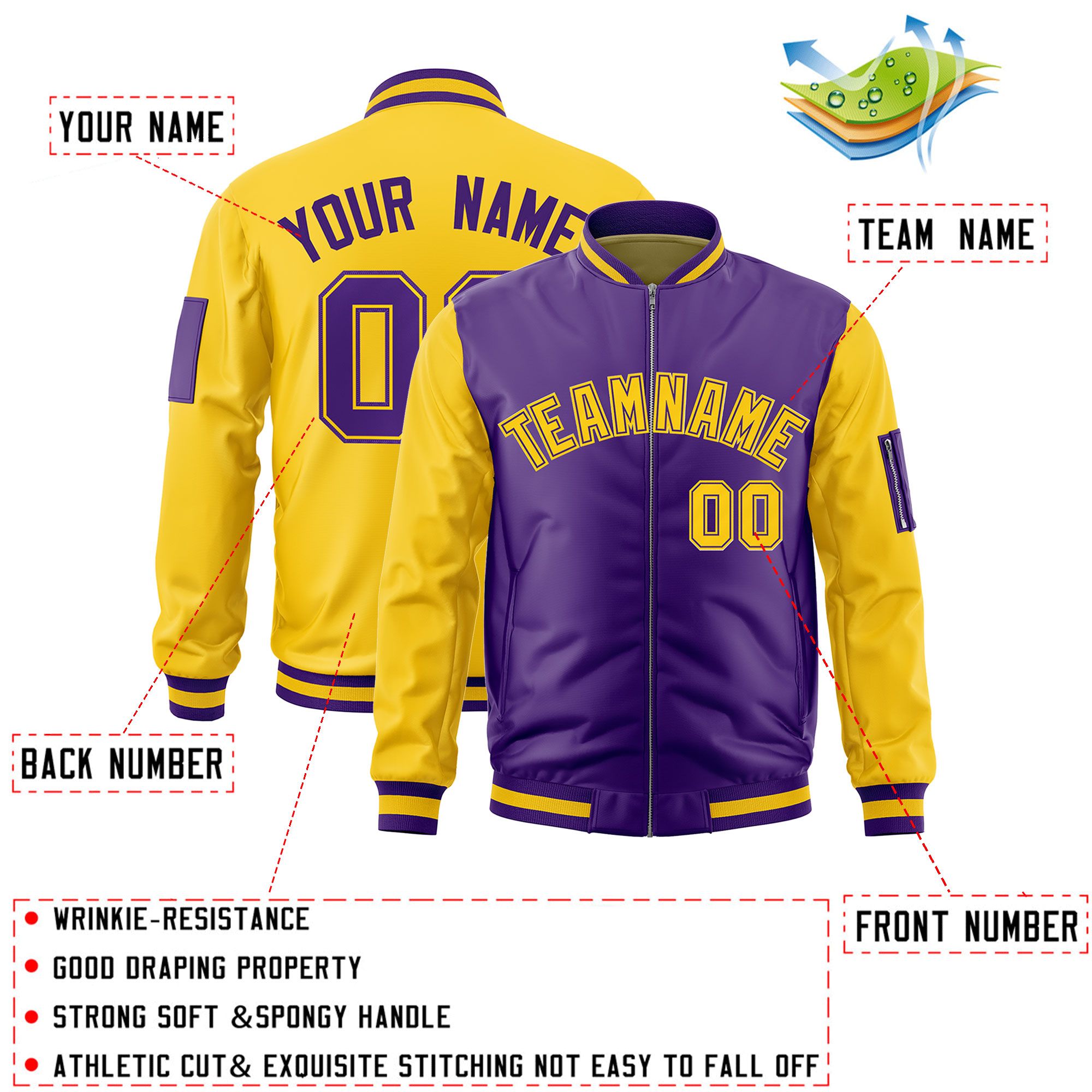 Custom Purple Gold Varsity Full-Zip Two-Tone Letterman Bomber Jacket