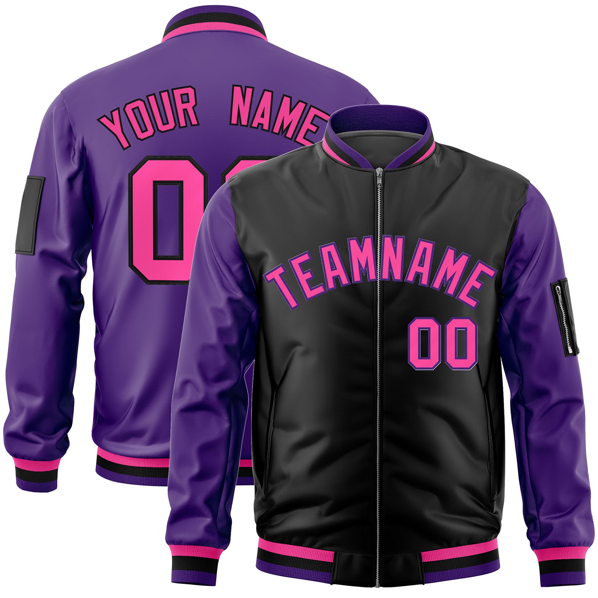 Custom Black Purple Varsity Full-Zip Two-Tone Letterman Bomber Jacket