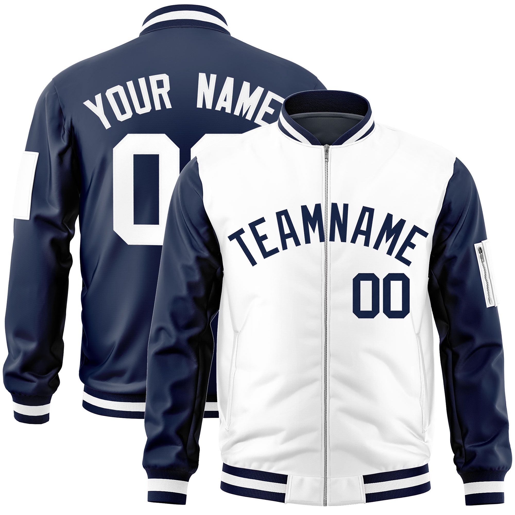 Custom White Navy Varsity Full-Zip Two-Tone Letterman Bomber Jacket