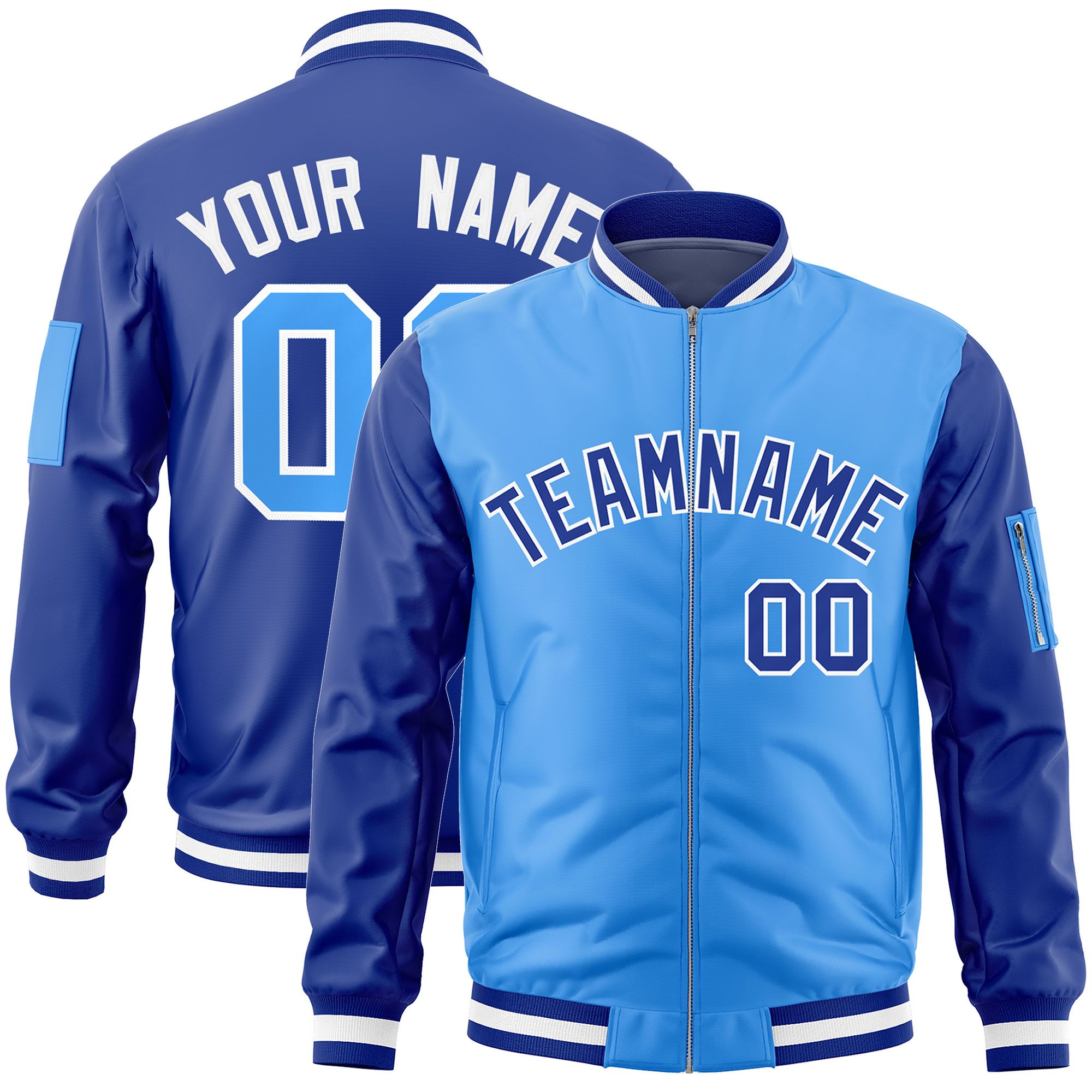 Custom Powder Blue Royal Varsity Full-Zip Two-Tone Letterman Bomber Jacket