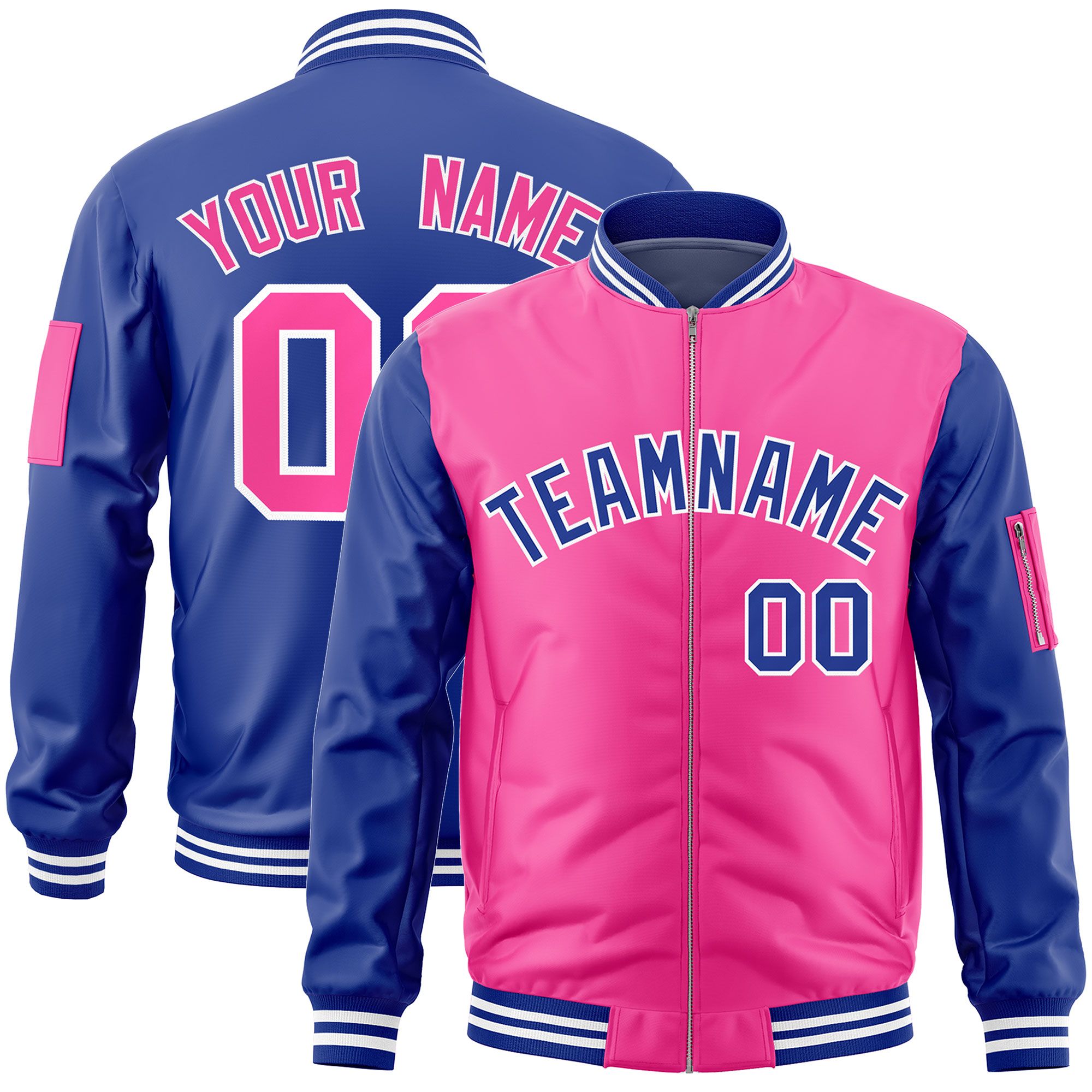 Custom Pink Royal Varsity Full-Zip Two-Tone Letterman Bomber Jacket