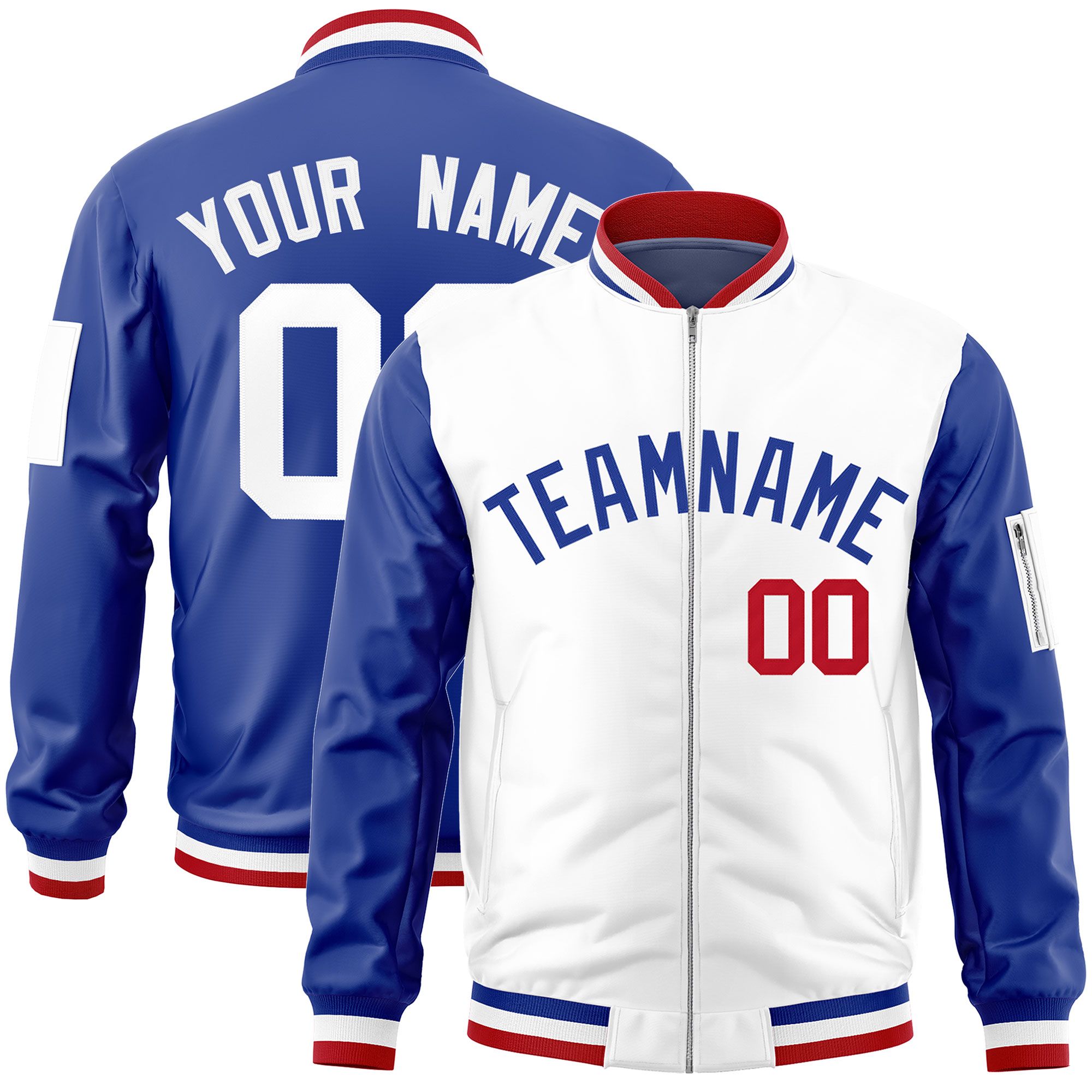 Custom White Royal Varsity Full-Zip Two-Tone Letterman Bomber Jacket