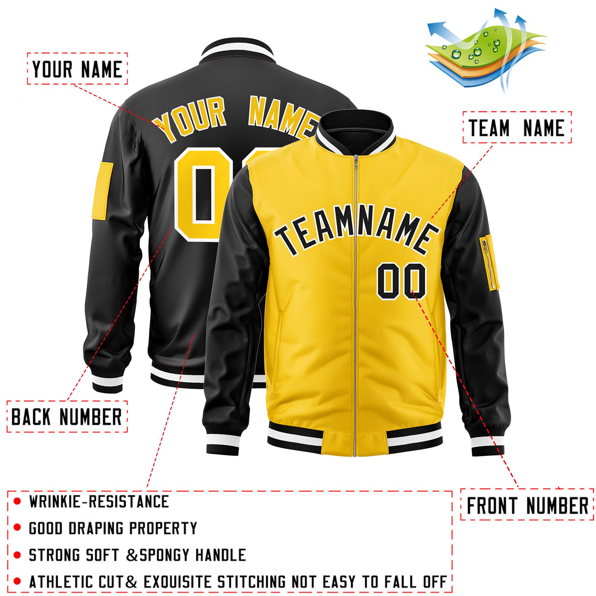 Custom Gold Black Varsity Full-Zip Two-Tone Letterman Bomber Jacket