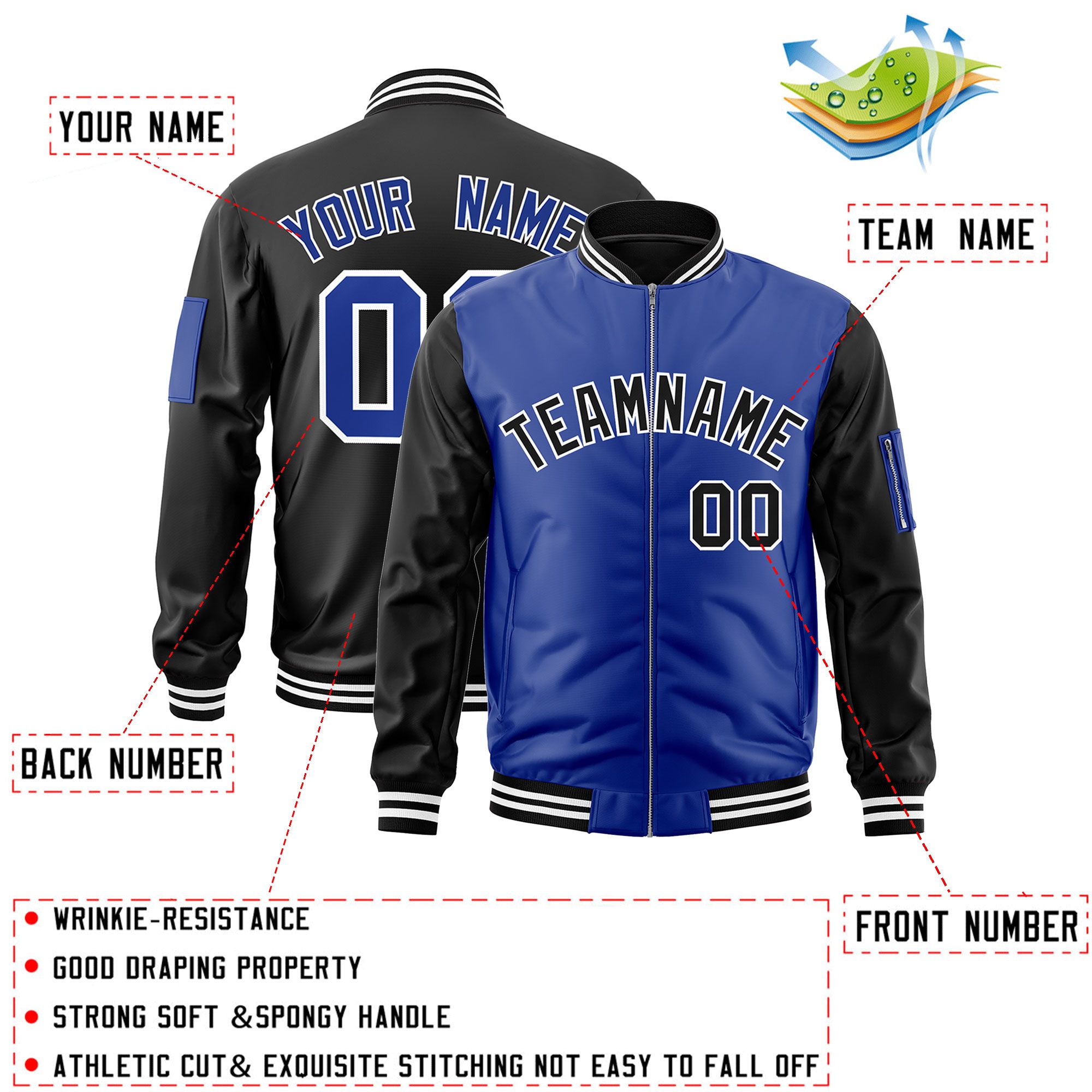 Custom Royal Black Varsity Full-Zip Two-Tone Letterman Bomber Jacket