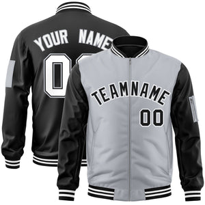 Custom Gray Black Varsity Full-Zip Two-Tone Letterman Bomber Jacket