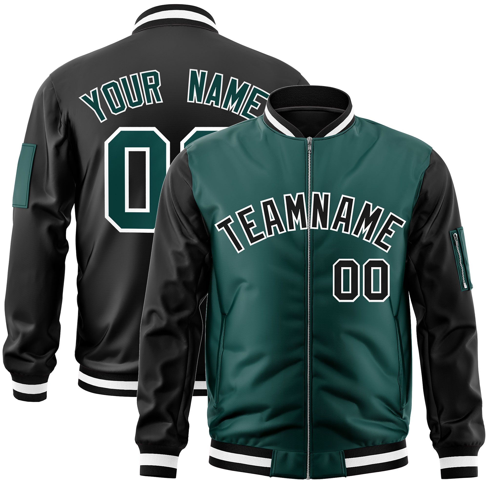 Custom Midnight Green Black Varsity Full-Zip Two-Tone Letterman Bomber Jacket