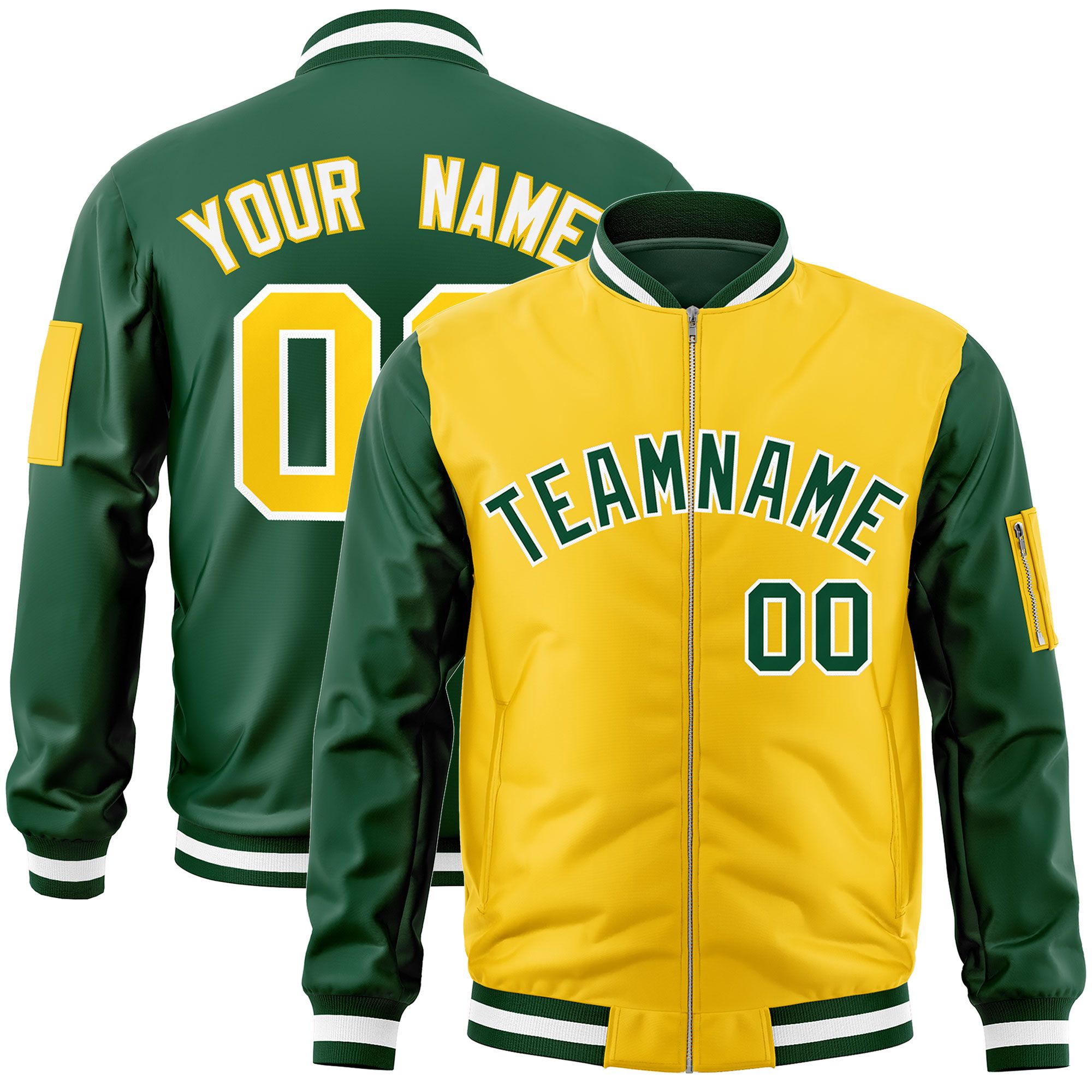 Custom Gold Green Varsity Full-Zip Two-Tone Letterman Bomber Jacket