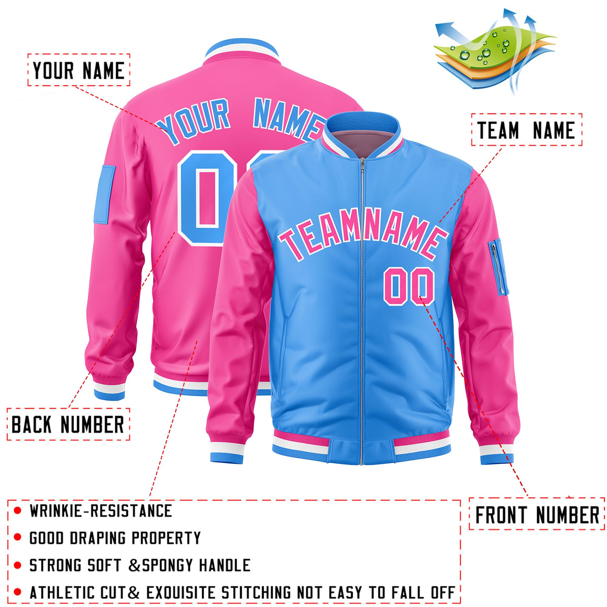 Custom Powder Blue Pink Varsity Full-Zip Two-Tone Letterman Bomber Jacket