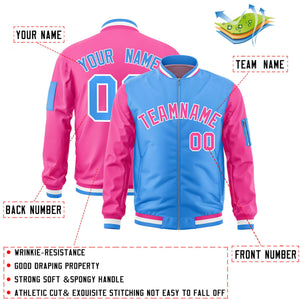 Custom Powder Blue Pink Varsity Full-Zip Two-Tone Letterman Bomber Jacket