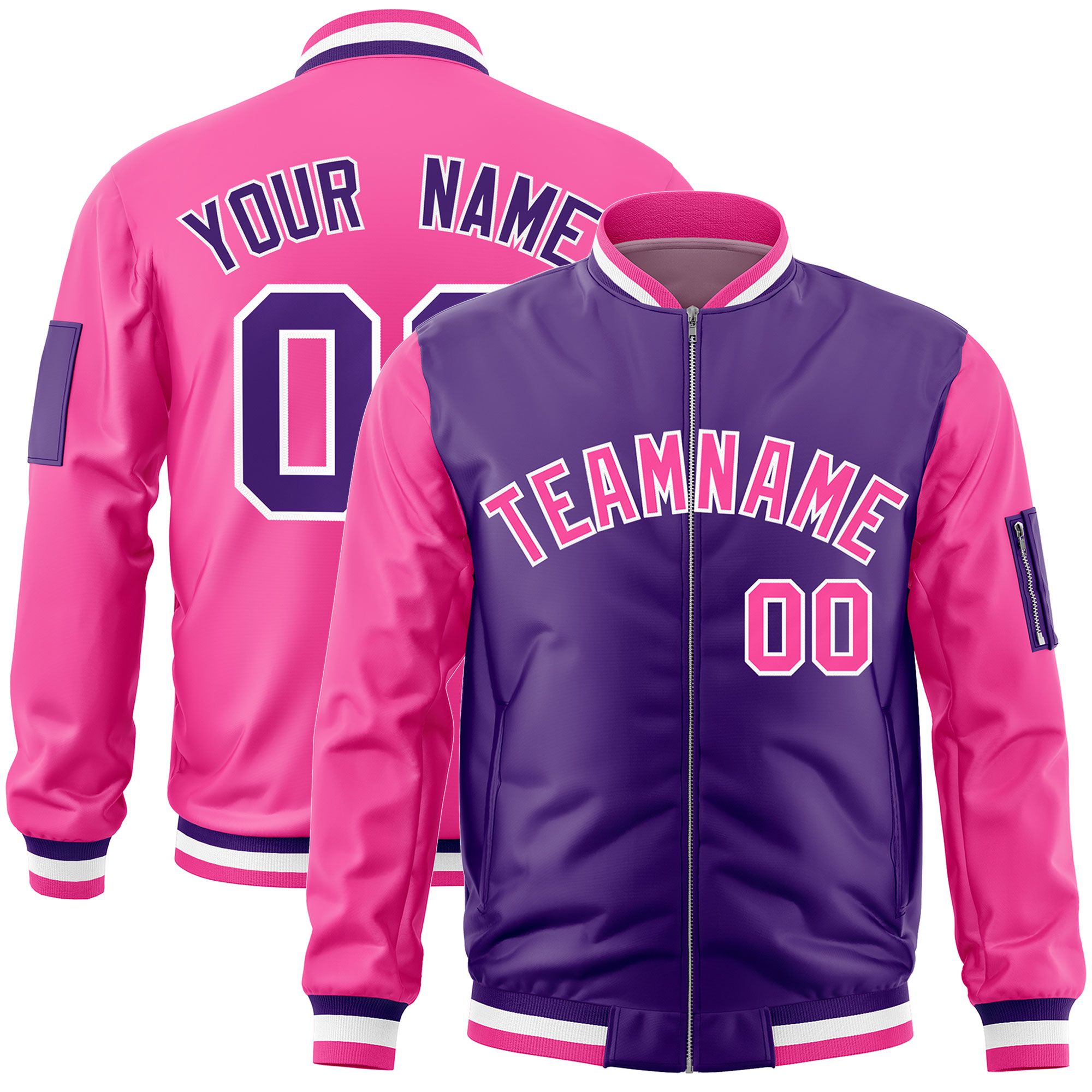 Custom Purple Pink Varsity Full-Zip Two-Tone Letterman Bomber Jacket