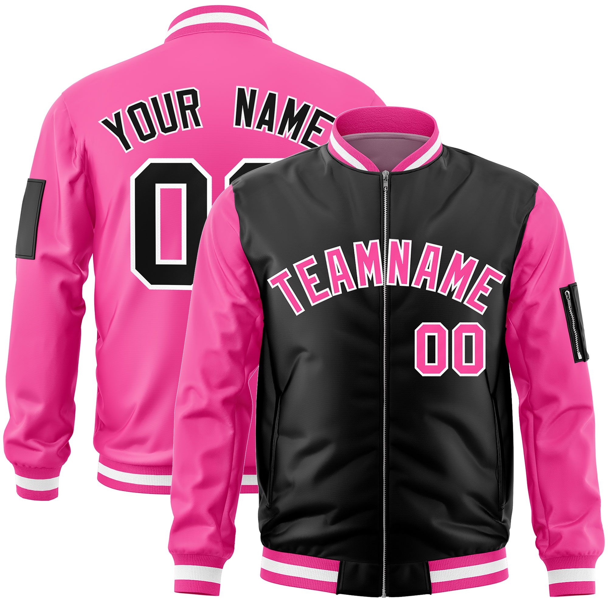 Custom Black Pink Varsity Full-Zip Two-Tone Letterman Bomber Jacket