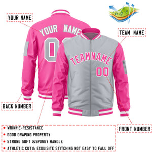 Custom Gray Pink Varsity Full-Zip Two-Tone Letterman Bomber Jacket