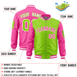 Custom Neon Green Pink Varsity Full-Zip Two-Tone Letterman Bomber Jacket