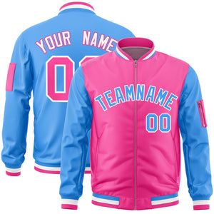 Custom Pink Powder Blue Varsity Full-Zip Two-Tone Letterman Bomber Jacket