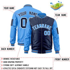 Custom Navy Powder Blue Varsity Full-Zip Two-Tone Letterman Bomber Jacket