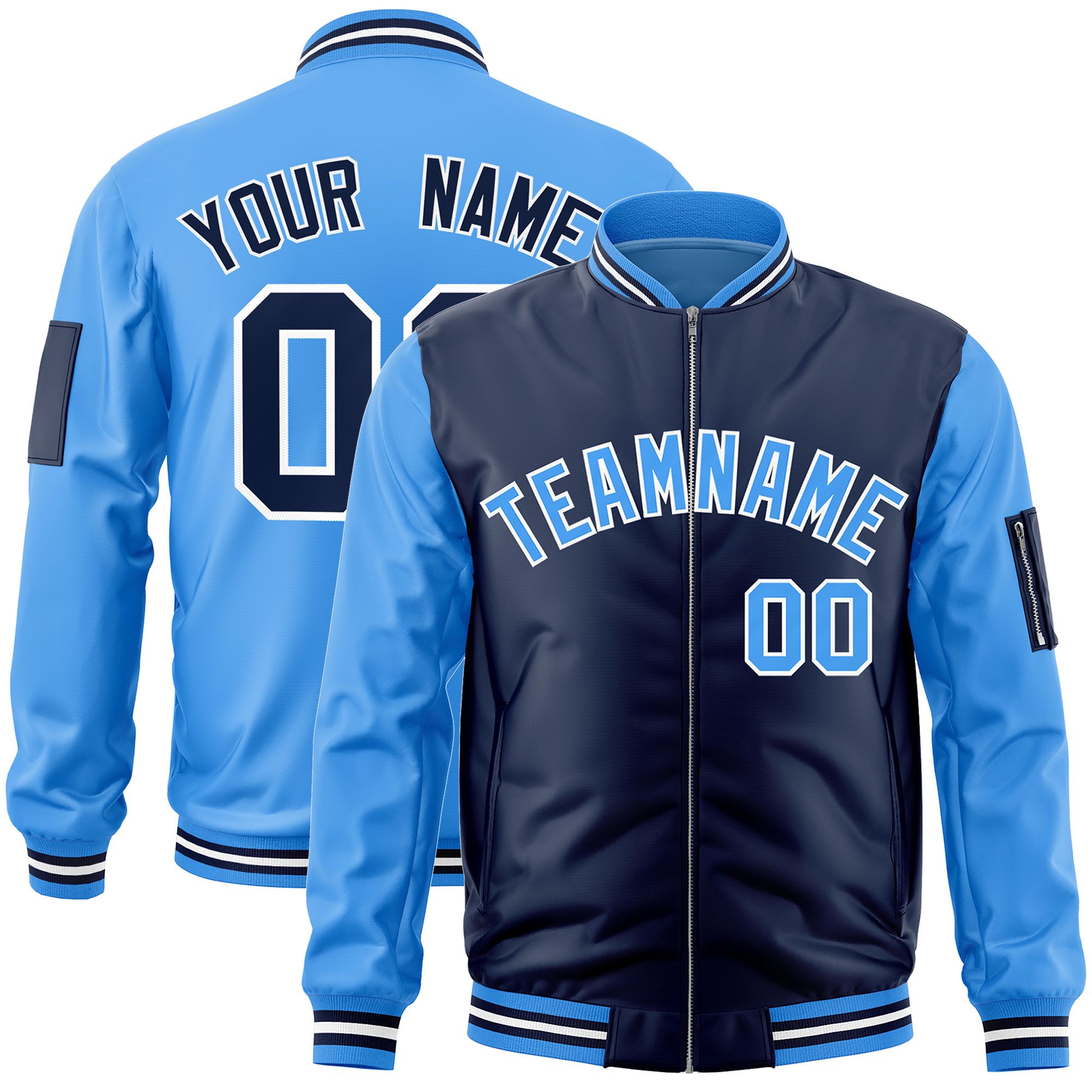 Custom Navy Powder Blue Varsity Full-Zip Two-Tone Letterman Bomber Jacket