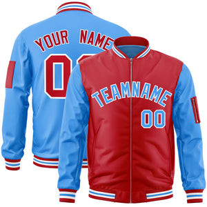 Custom Red Powder Blue Varsity Full-Zip Two-Tone Letterman Bomber Jacket