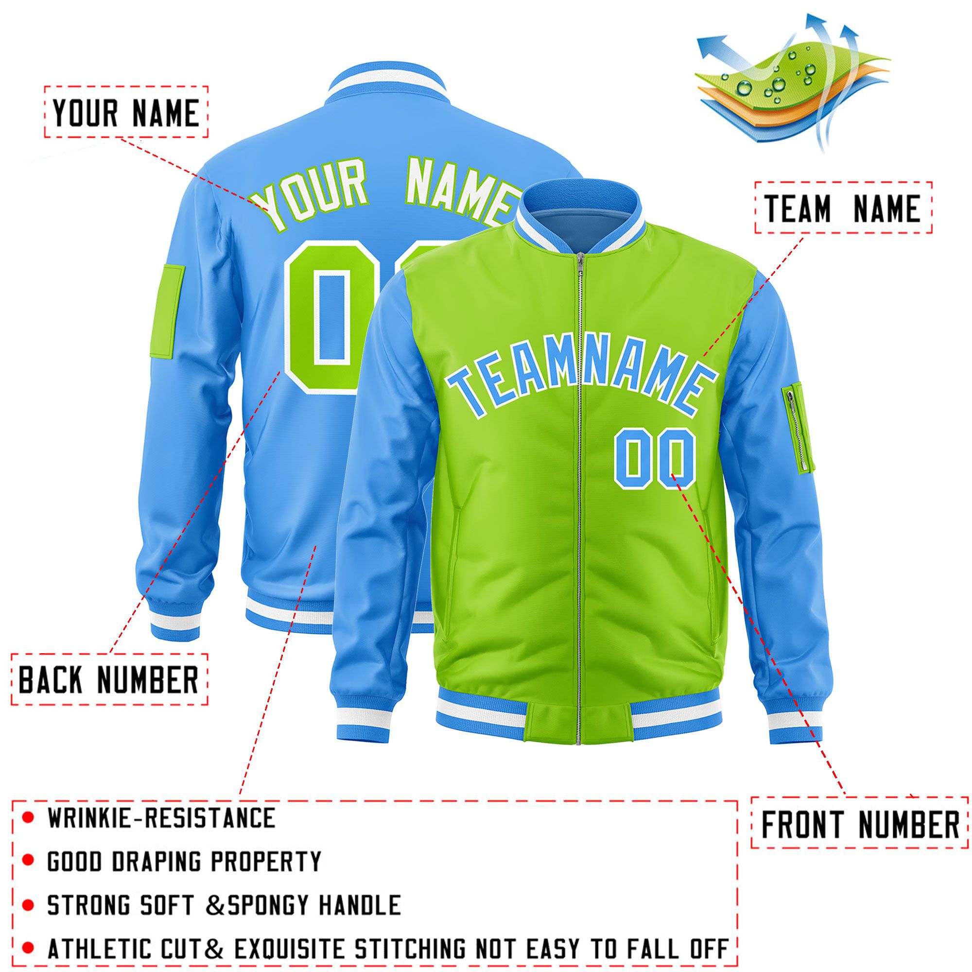 Custom Neon Green Powder Blue Varsity Full-Zip Two-Tone Letterman Bomber Jacket